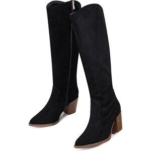 Womens Suede Black Side Zipper Knee High Pointed Toe Chunky Heel Tall Boots